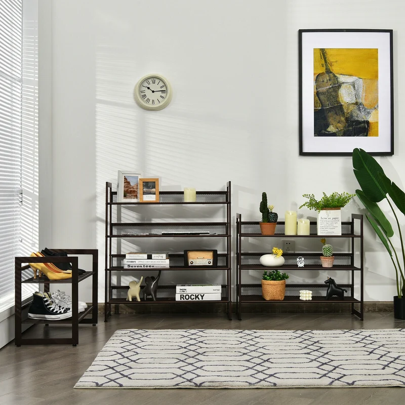 4-Tier Metal Shoe Rack, Flat And Slant Design, Brown