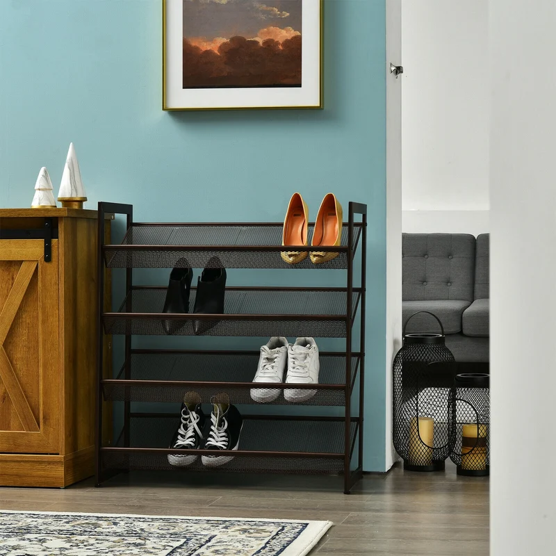 4-Tier Metal Shoe Rack, Flat And Slant Design, Brown