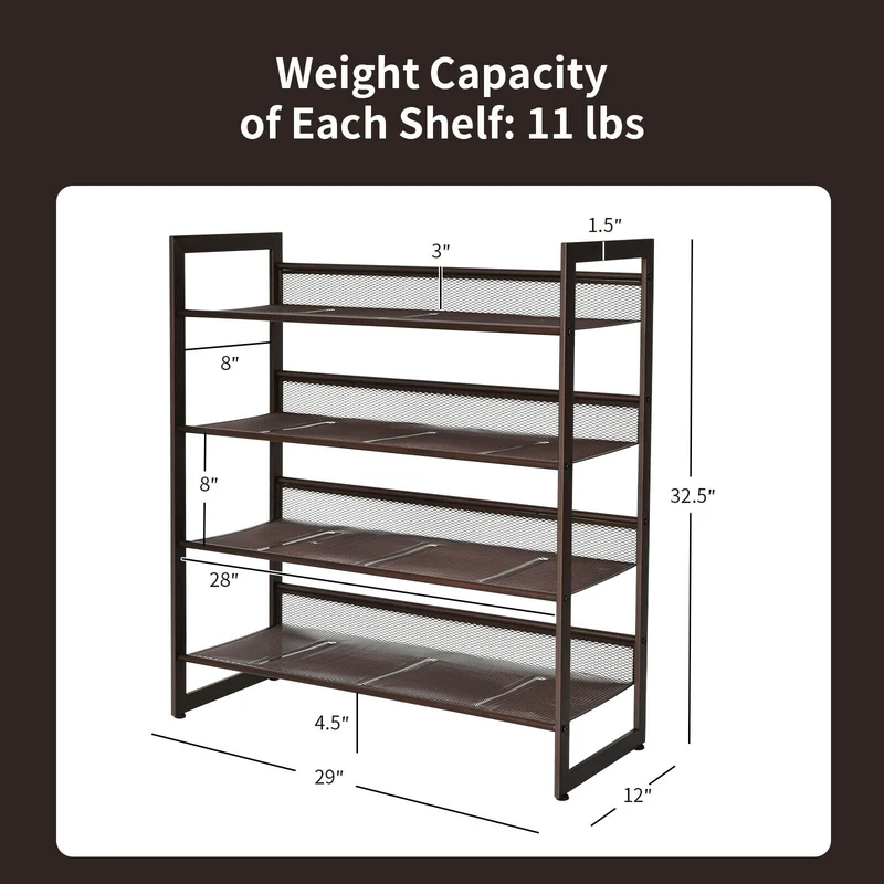 4-Tier Metal Shoe Rack, Flat And Slant Design, Brown