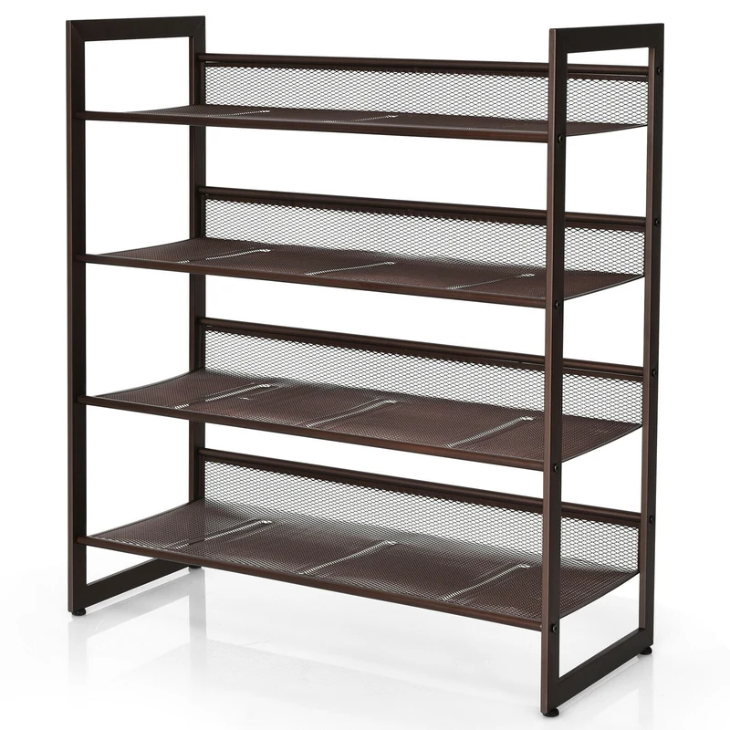 4-Tier Metal Shoe Rack, Flat And Slant Design, Brown