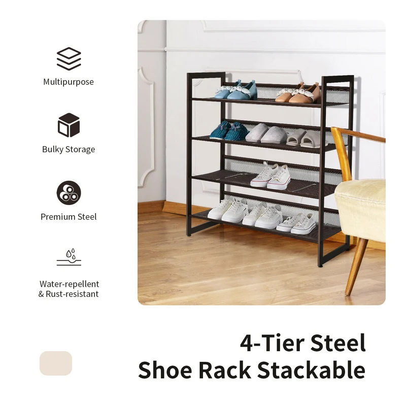 4-Tier Metal Shoe Rack, Flat And Slant Design, Brown