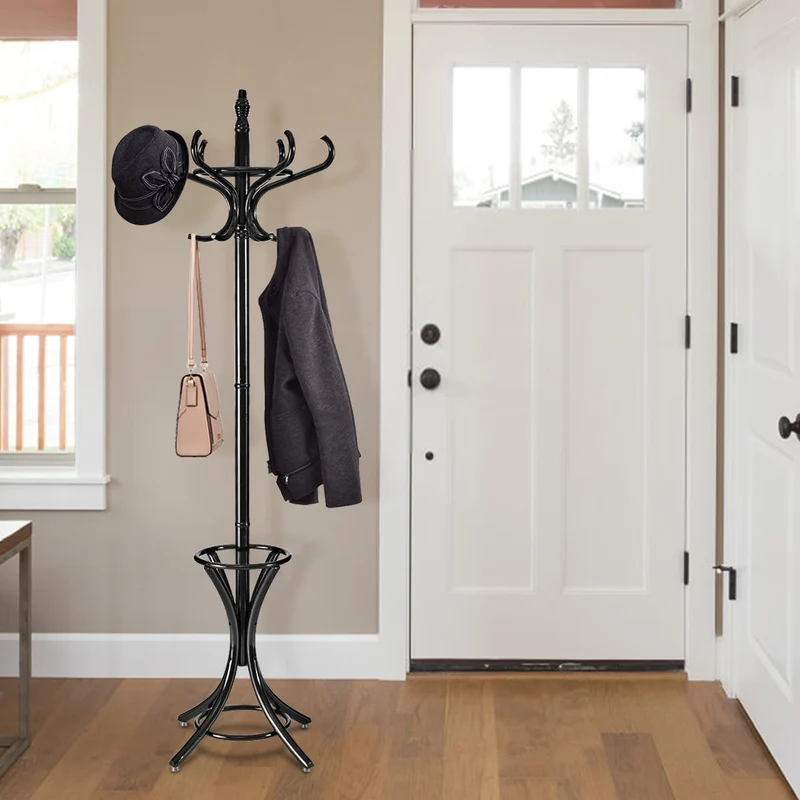 Wood Standing Hat Coat Rack With Umbrella Stand, Black