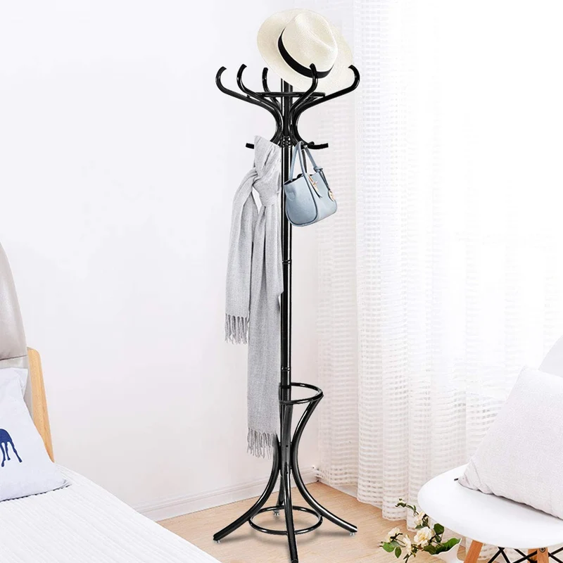 Wood Standing Hat Coat Rack With Umbrella Stand, Black