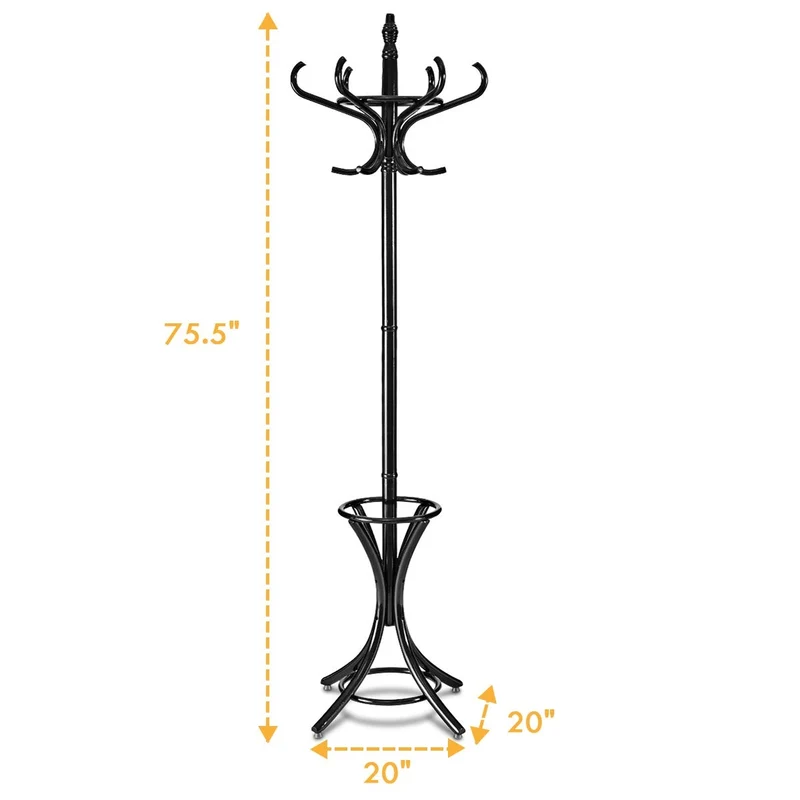 Wood Standing Hat Coat Rack With Umbrella Stand, Black
