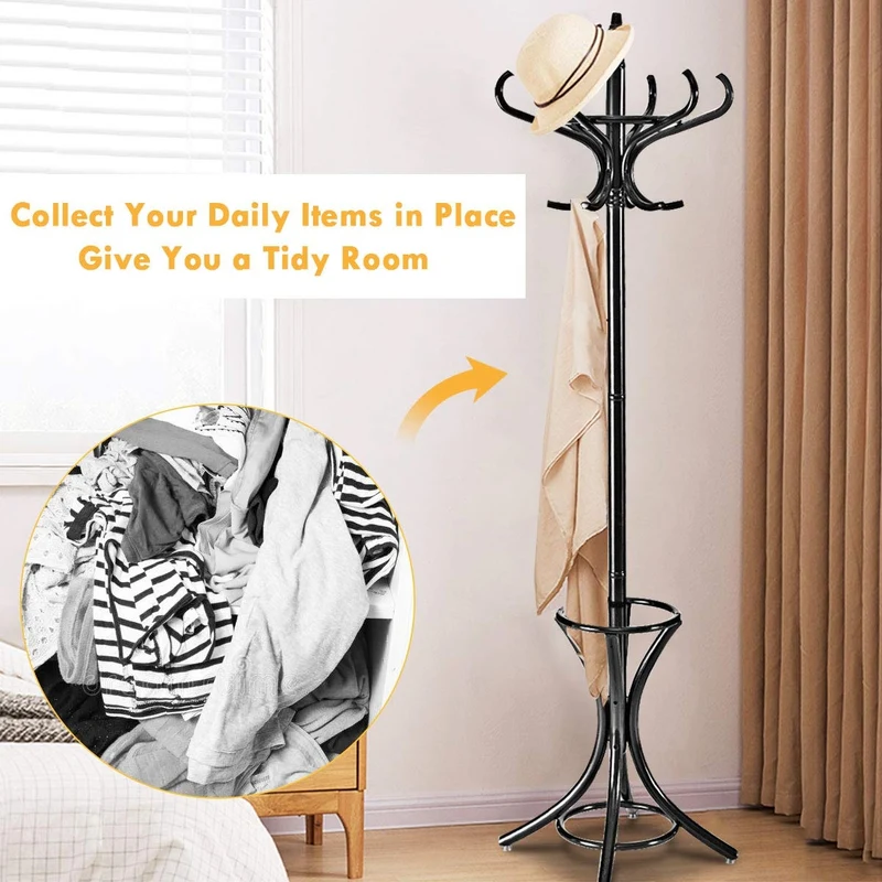 Wood Standing Hat Coat Rack With Umbrella Stand, Black