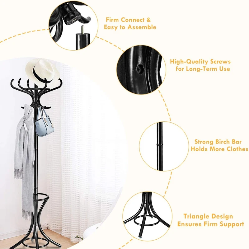 Wood Standing Hat Coat Rack With Umbrella Stand, Black