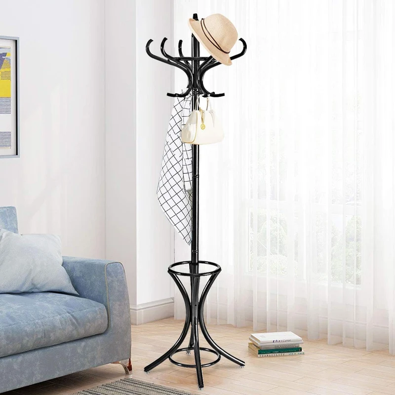 Wood Standing Hat Coat Rack With Umbrella Stand, Black