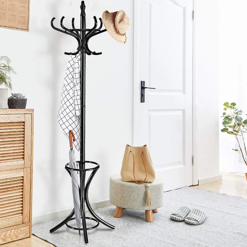 Wood Standing Hat Coat Rack With Umbrella Stand, Black
