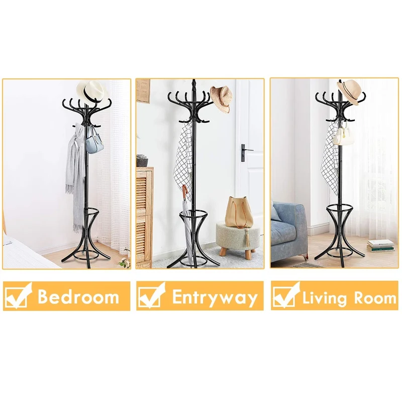 Wood Standing Hat Coat Rack With Umbrella Stand, Black