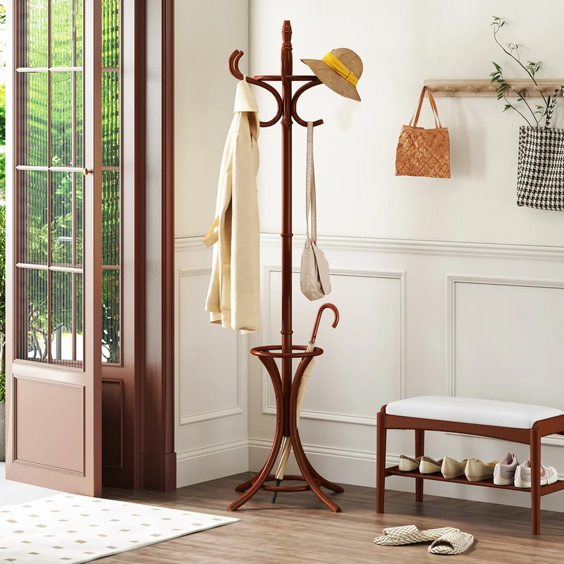 Wood Standing Hat Coat Rack With Umbrella Stand, Brown