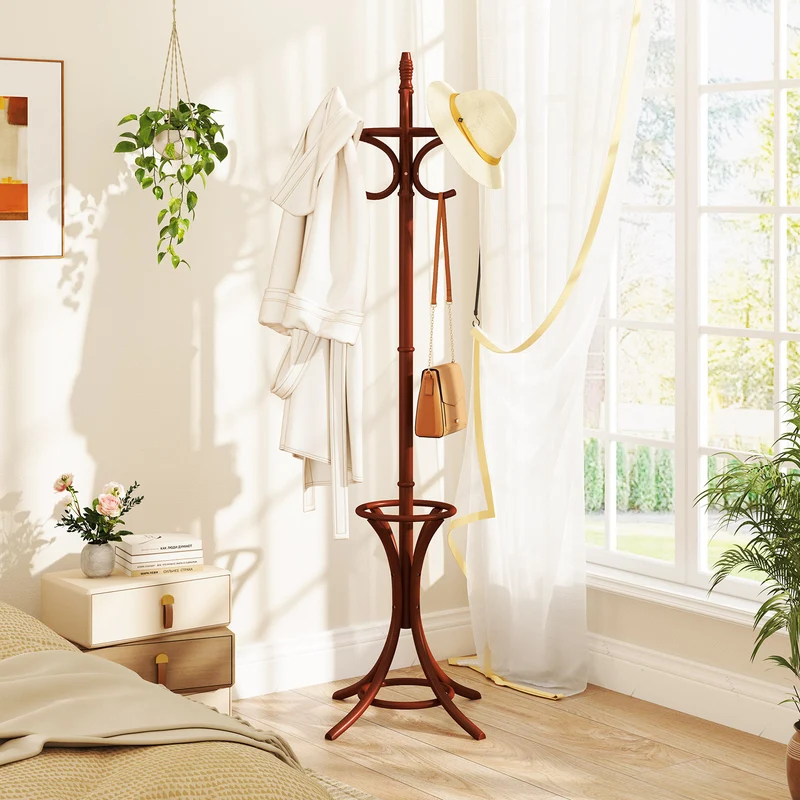 Wood Standing Hat Coat Rack With Umbrella Stand, Brown