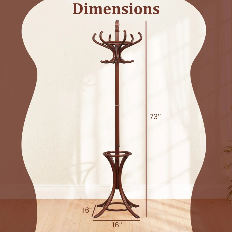 Wood Standing Hat Coat Rack With Umbrella Stand, Brown