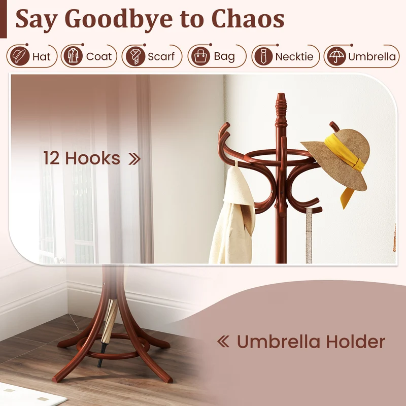 Wood Standing Hat Coat Rack With Umbrella Stand, Brown