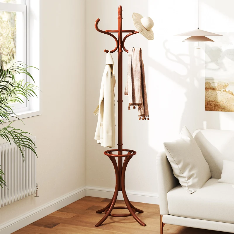 Wood Standing Hat Coat Rack With Umbrella Stand, Brown
