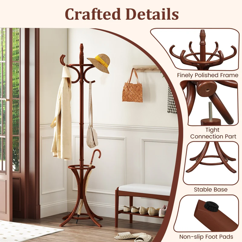 Wood Standing Hat Coat Rack With Umbrella Stand, Brown