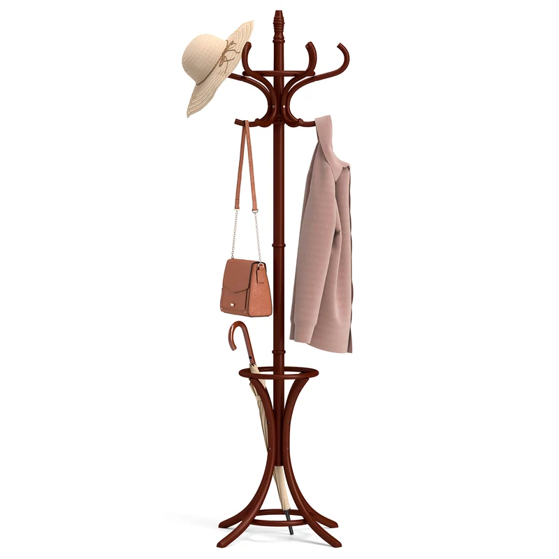 Wood Standing Hat Coat Rack With Umbrella Stand, Brown