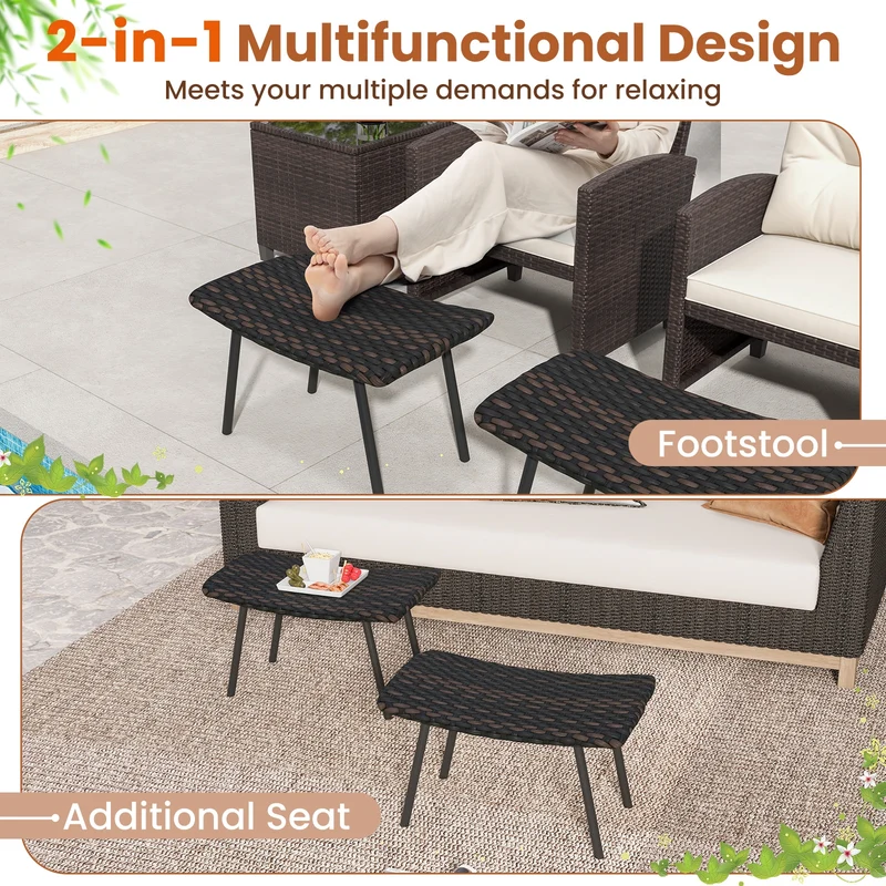 All Weather Outdoor Ottomans Set, With Sturdy Metal Legs, Brown
