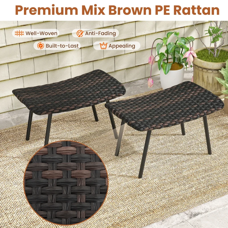 All Weather Outdoor Ottomans Set, With Sturdy Metal Legs, Brown