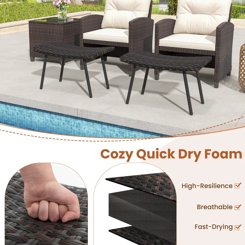 All Weather Outdoor Ottomans Set, With Sturdy Metal Legs, Brown