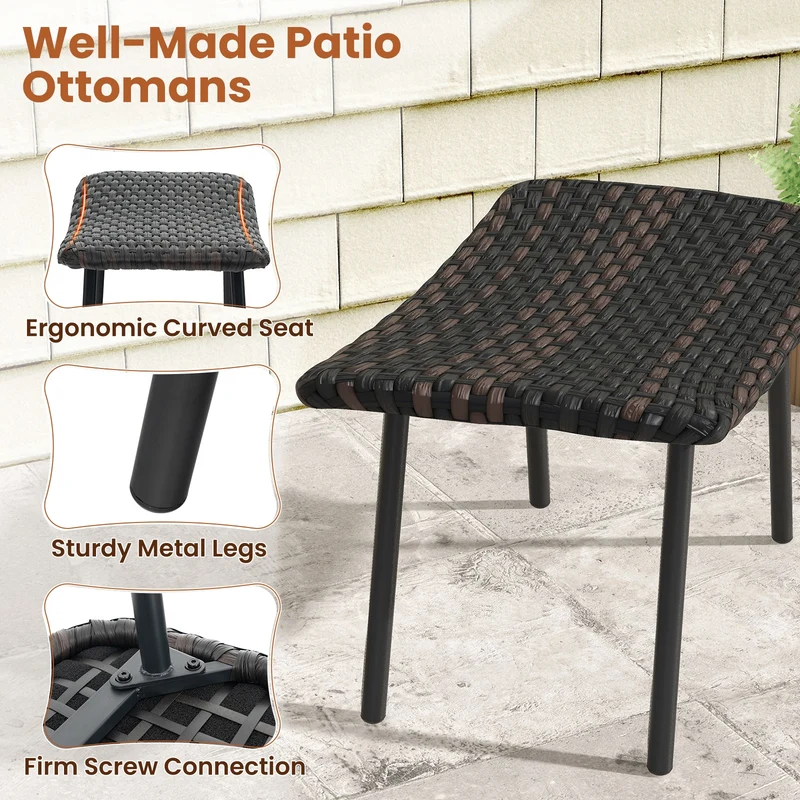 All Weather Outdoor Ottomans Set, With Sturdy Metal Legs, Brown