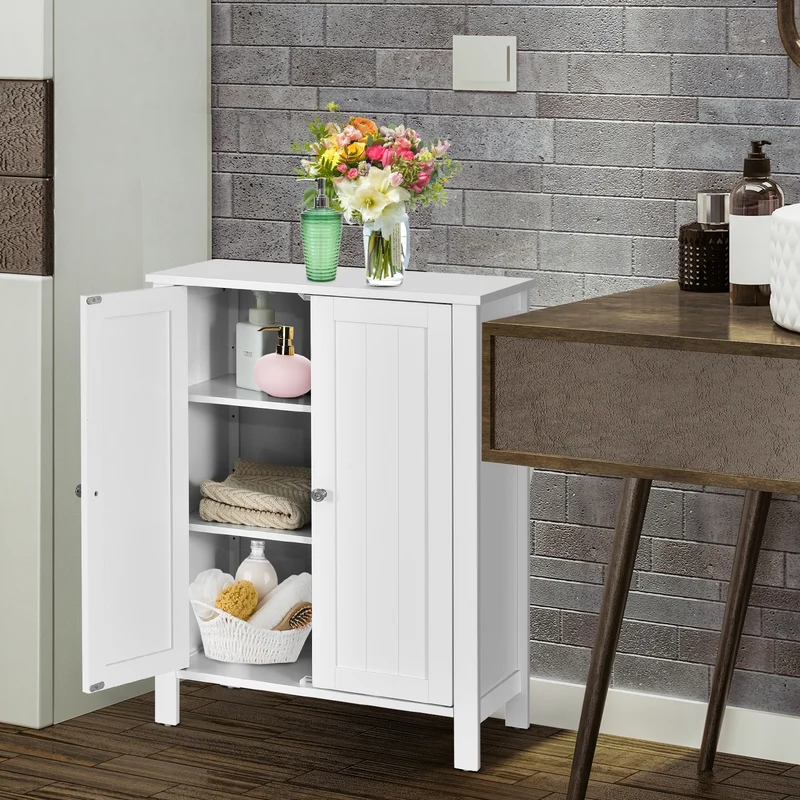 2-Door Bathroom Floor Cabinet, Adjustable Shelf, White