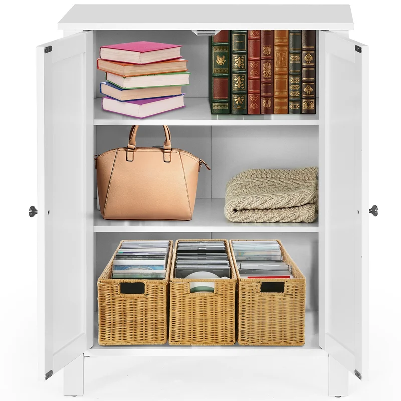 2-Door Bathroom Floor Cabinet, Adjustable Shelf, White