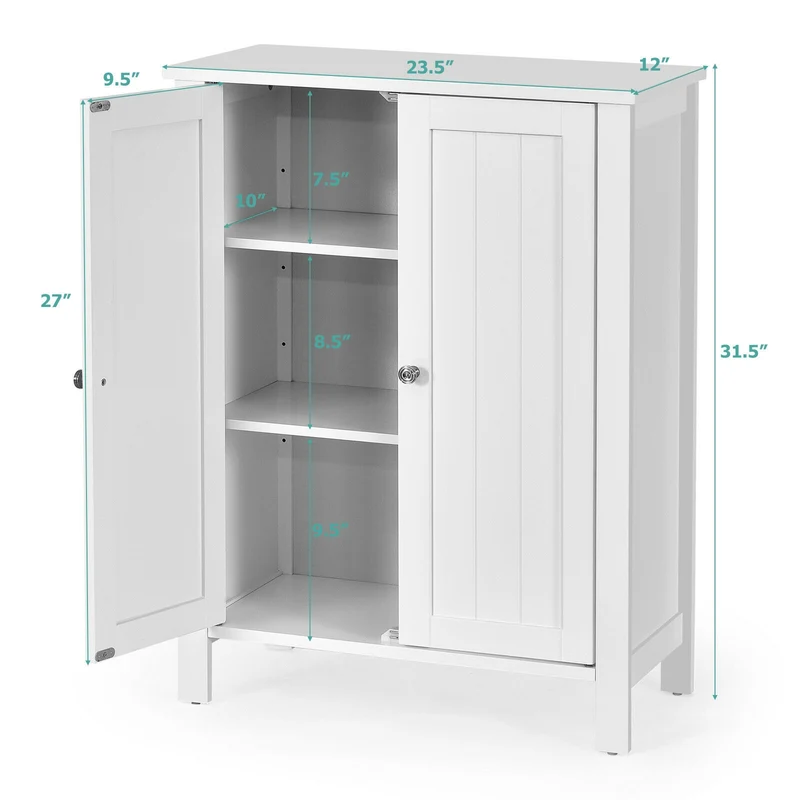 2-Door Bathroom Floor Cabinet, Adjustable Shelf, White
