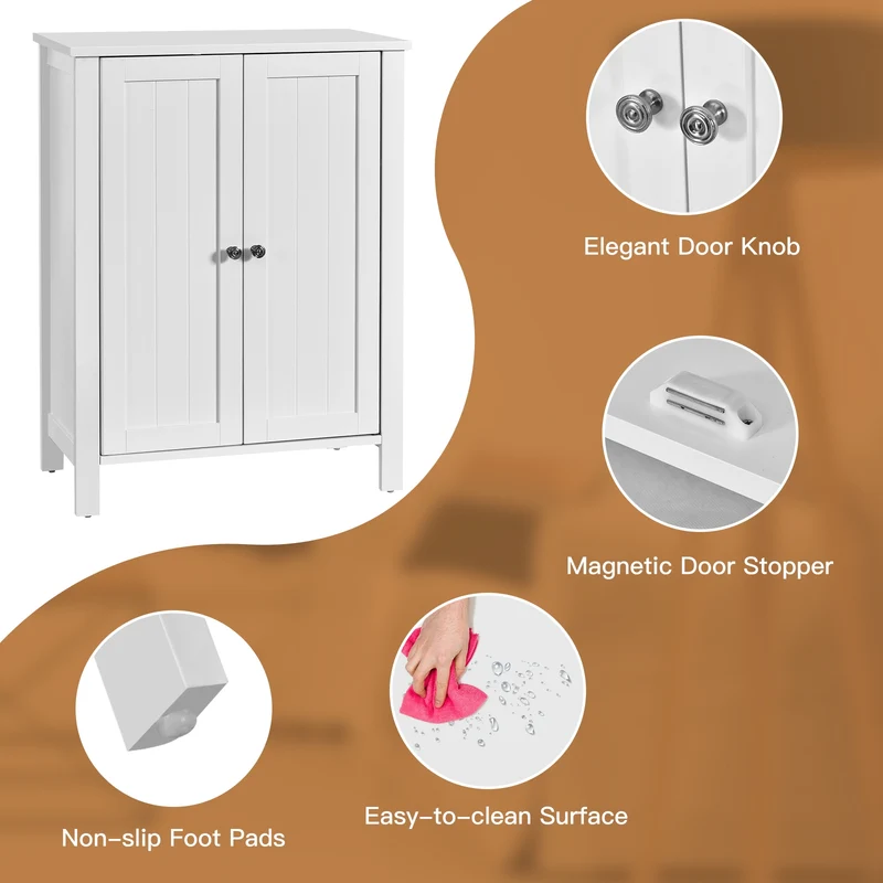 2-Door Bathroom Floor Cabinet, Adjustable Shelf, White