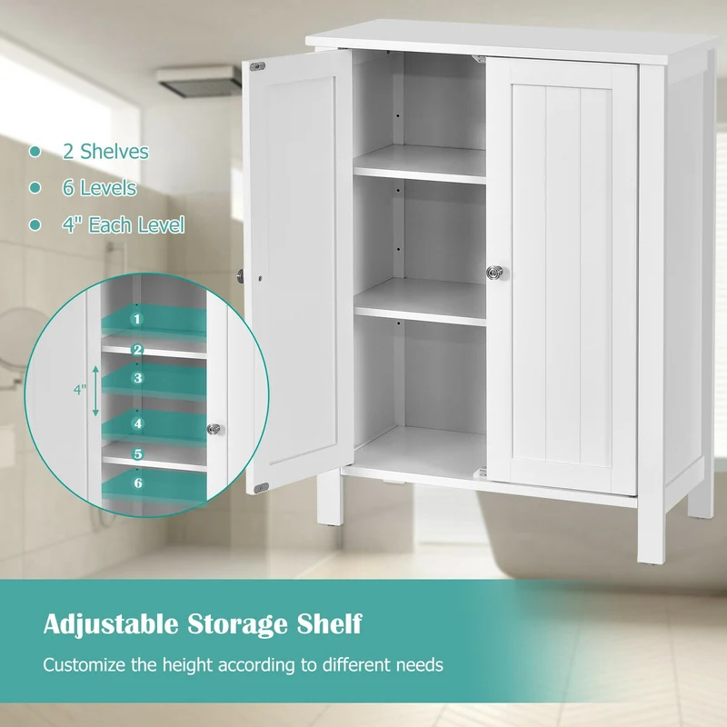 2-Door Bathroom Floor Cabinet, Adjustable Shelf, White