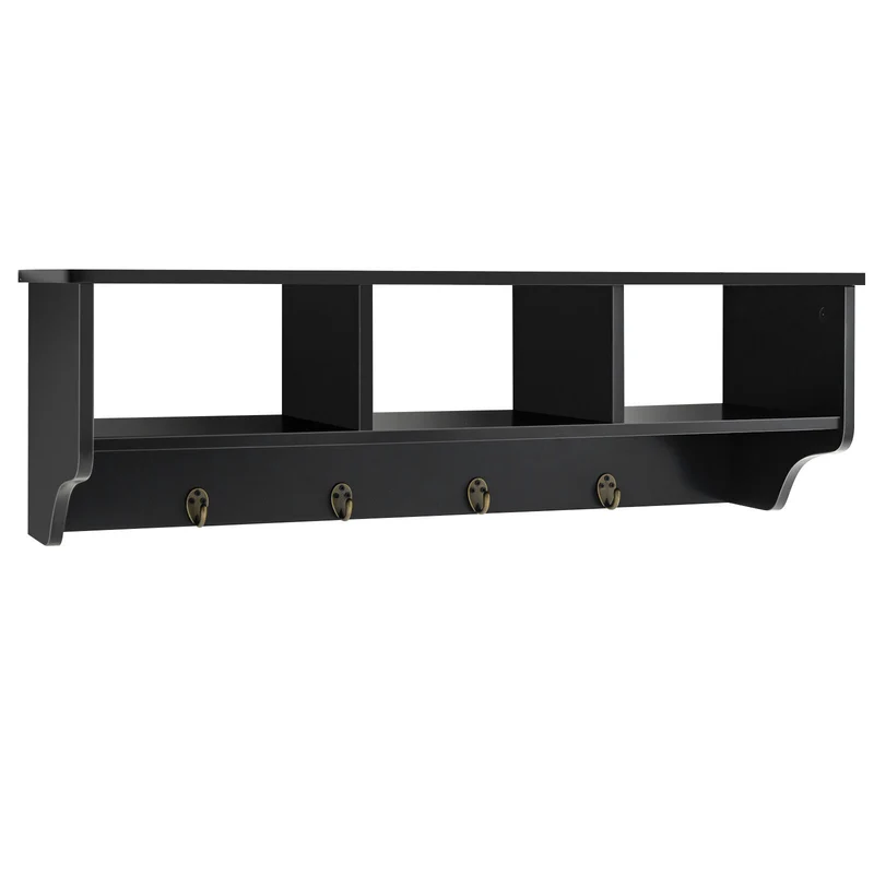 Wall Mount Cubby Organizer Hooks Entryway Storage Shelf, Black