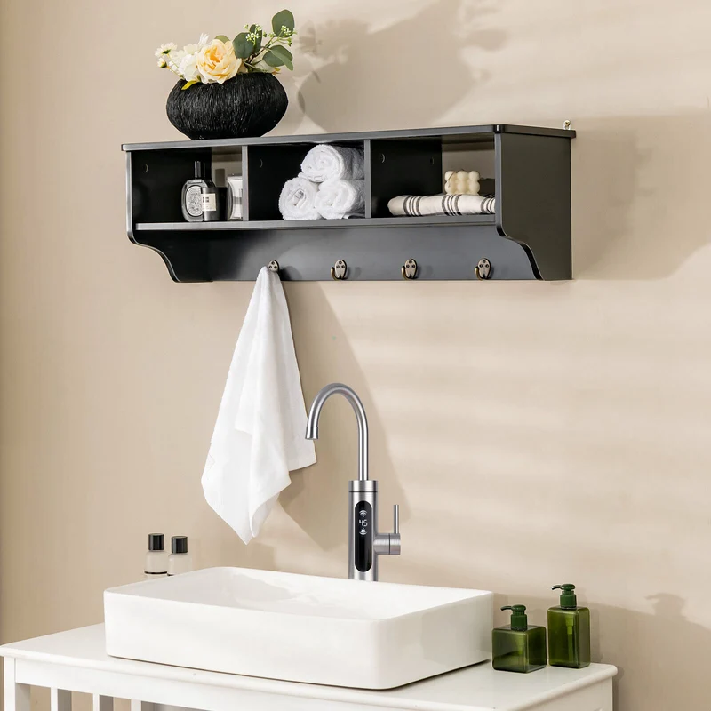 Wall Mount Cubby Organizer Hooks Entryway Storage Shelf, Black