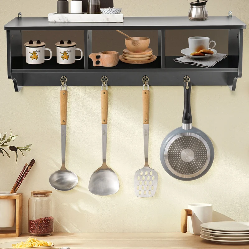 Wall Mount Cubby Organizer Hooks Entryway Storage Shelf, Black