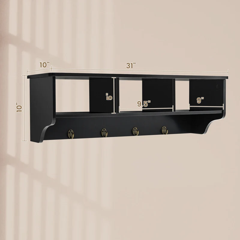 Wall Mount Cubby Organizer Hooks Entryway Storage Shelf, Black