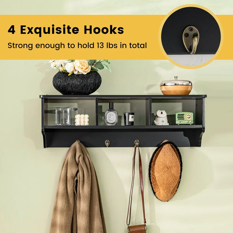 Wall Mount Cubby Organizer Hooks Entryway Storage Shelf, Black