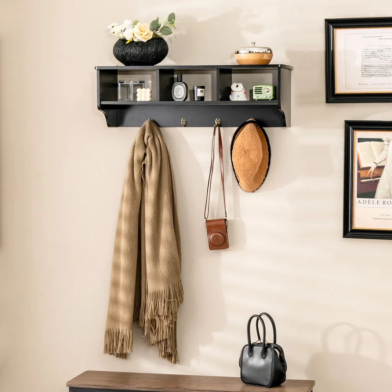 Wall Mount Cubby Organizer Hooks Entryway Storage Shelf, Black