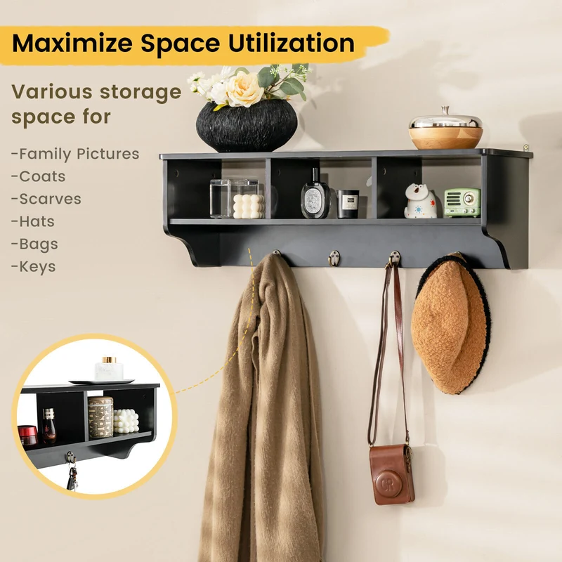 Wall Mount Cubby Organizer Hooks Entryway Storage Shelf, Black