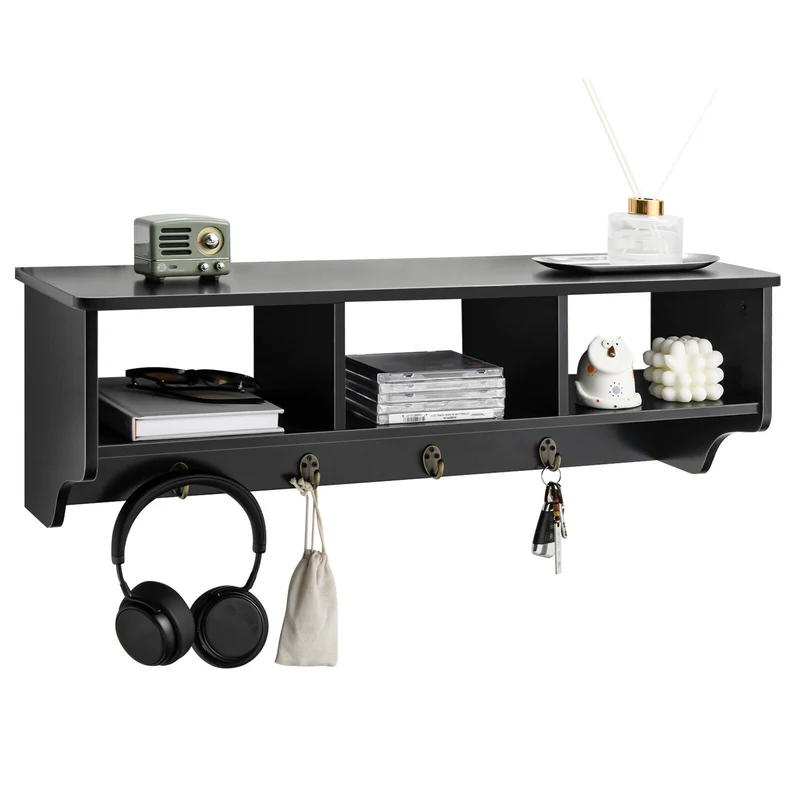 Wall Mount Cubby Organizer Hooks Entryway Storage Shelf, Black