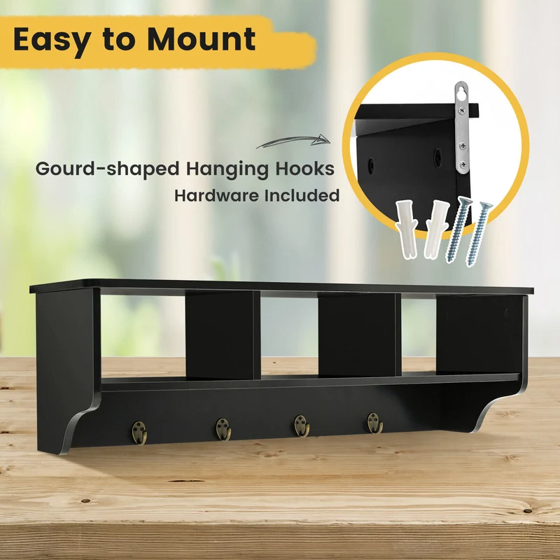 Wall Mount Cubby Organizer Hooks Entryway Storage Shelf, Black