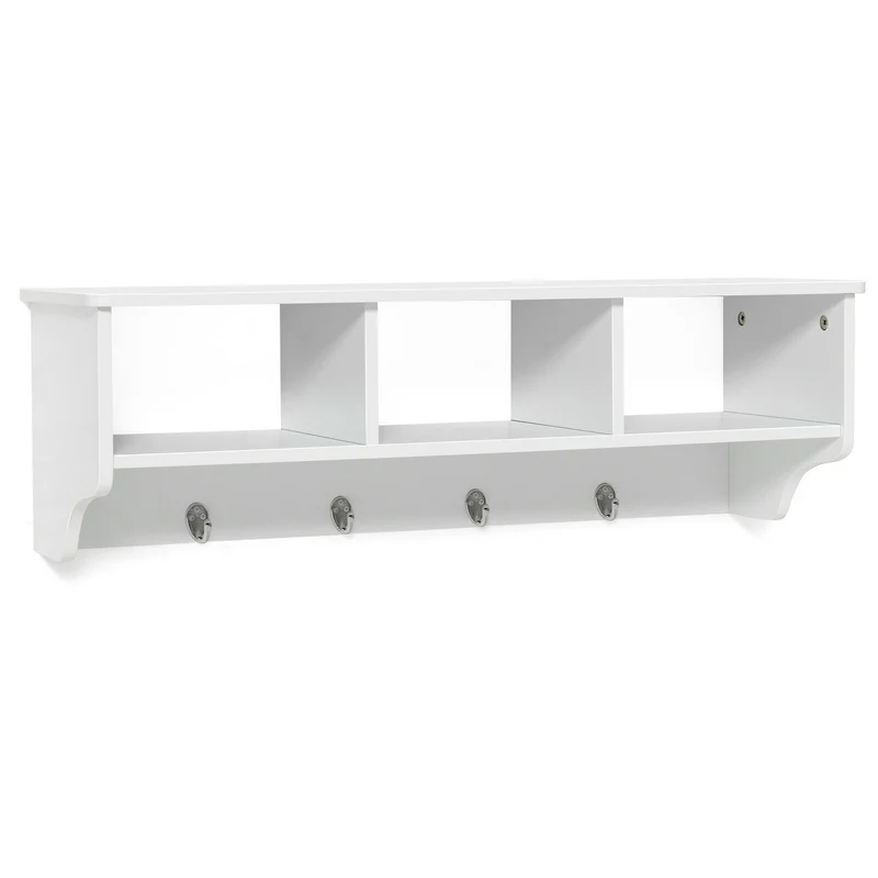 Wall Mount Cubby Organizer Hooks Entryway Storage Shelf, White