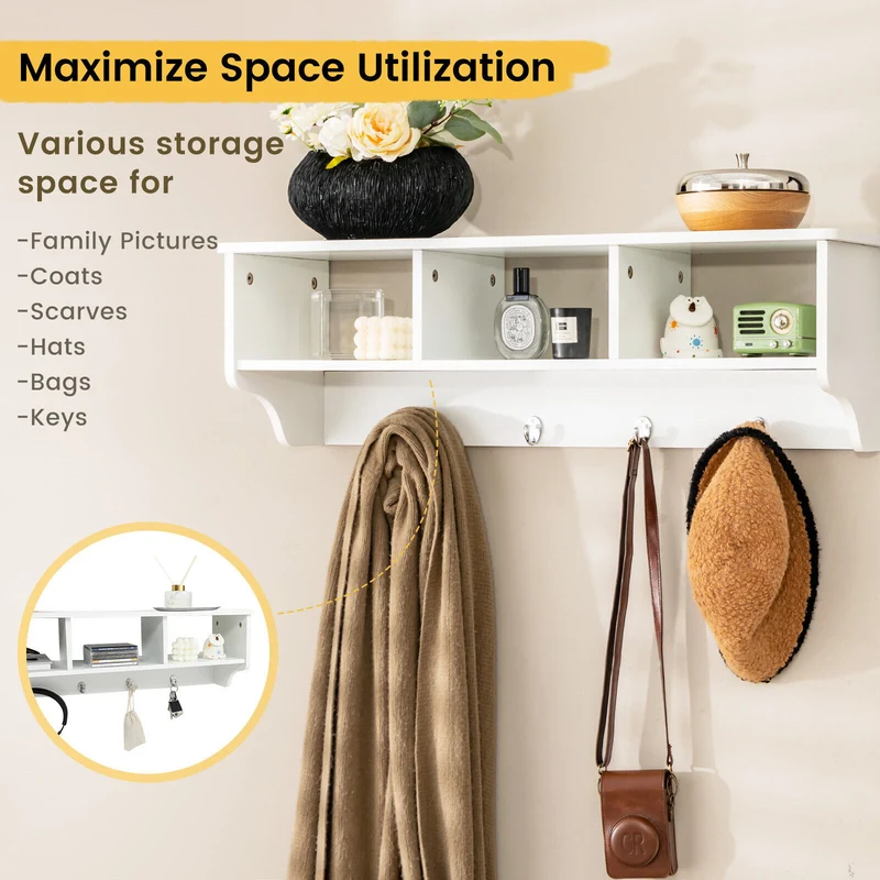 Wall Mount Cubby Organizer Hooks Entryway Storage Shelf, White