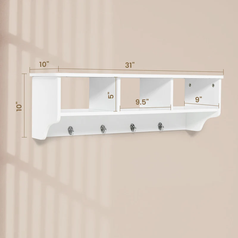Wall Mount Cubby Organizer Hooks Entryway Storage Shelf, White