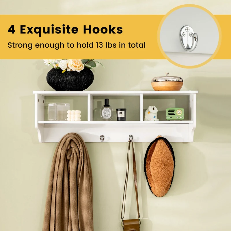 Wall Mount Cubby Organizer Hooks Entryway Storage Shelf, White