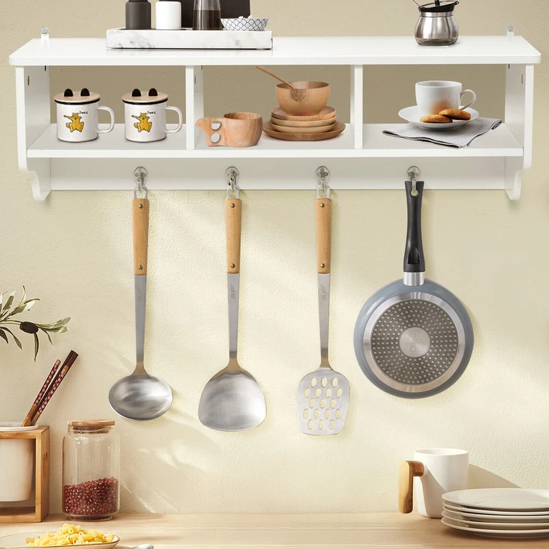 Wall Mount Cubby Organizer Hooks Entryway Storage Shelf, White