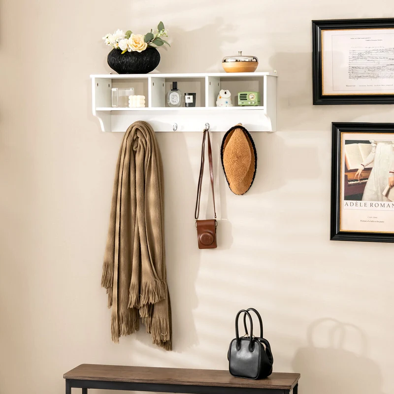Wall Mount Cubby Organizer Hooks Entryway Storage Shelf, White