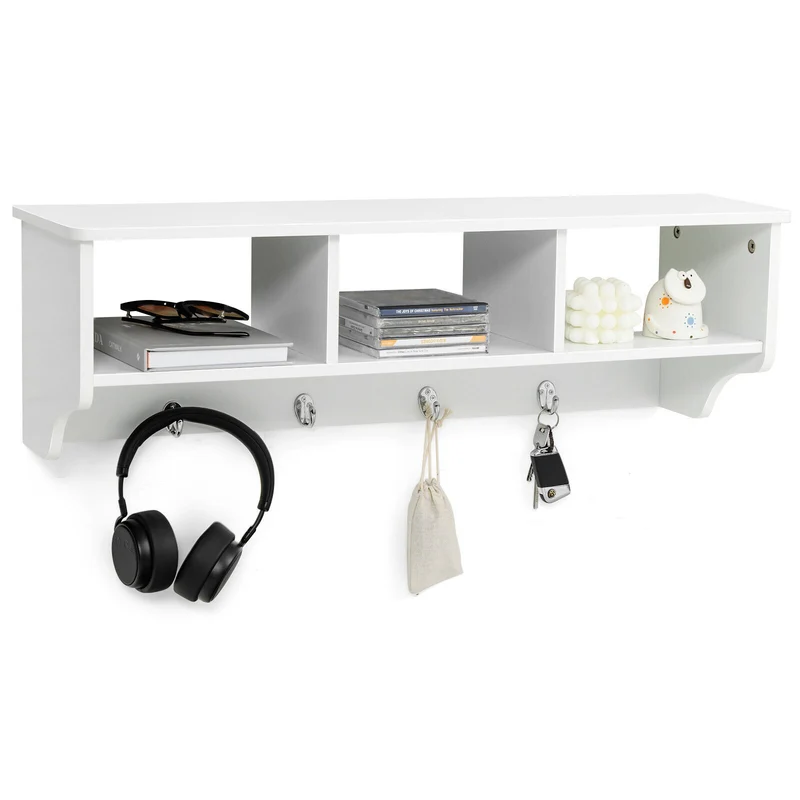 Wall Mount Cubby Organizer Hooks Entryway Storage Shelf, White