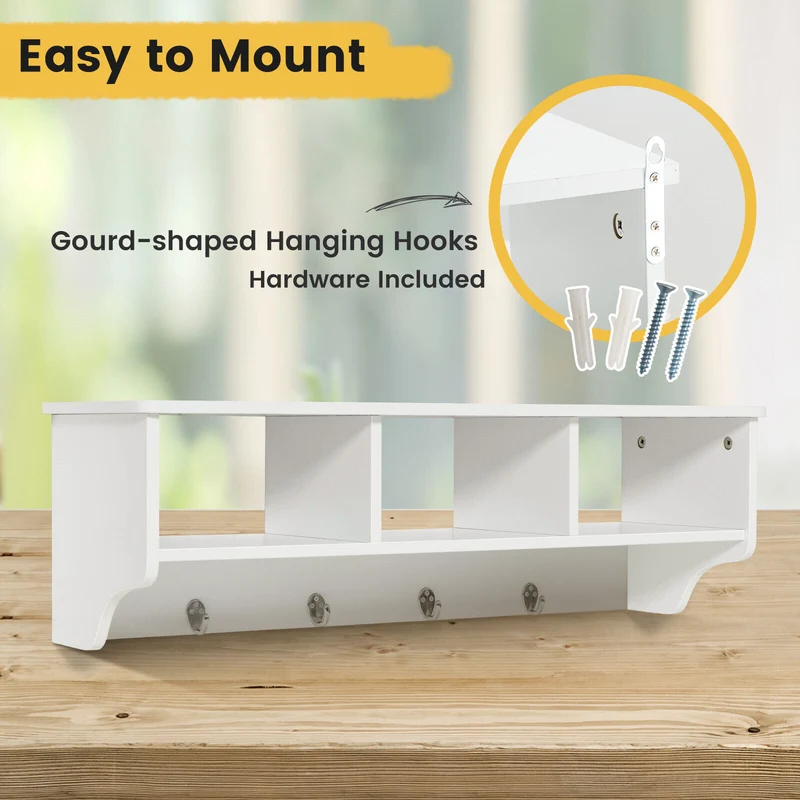 Wall Mount Cubby Organizer Hooks Entryway Storage Shelf, White