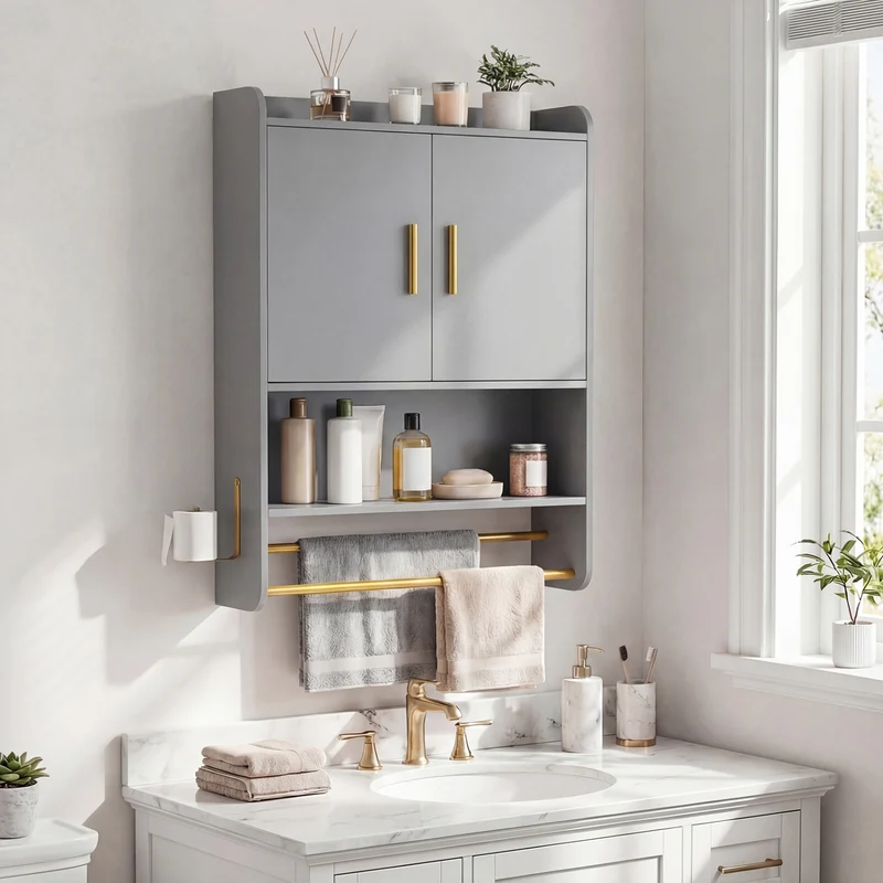 Wall Mounted Medicine Cabinet with Towel Bars, Grey