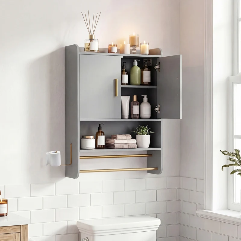 Wall Mounted Medicine Cabinet with Towel Bars, Grey