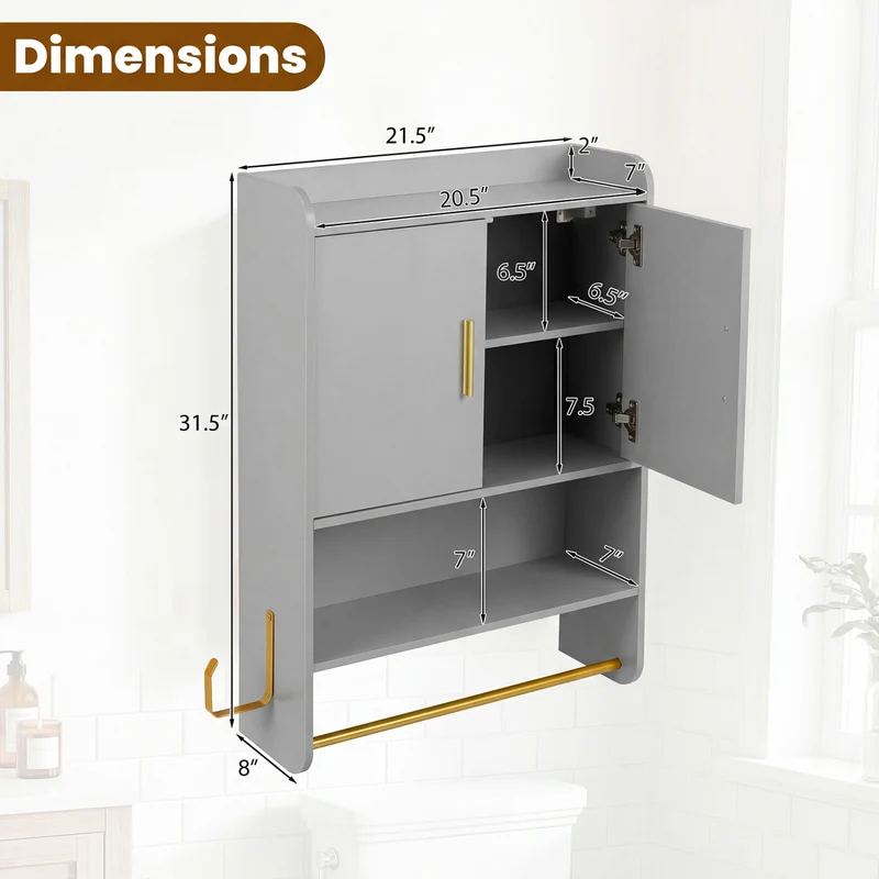Wall Mounted Medicine Cabinet with Towel Bars, Grey