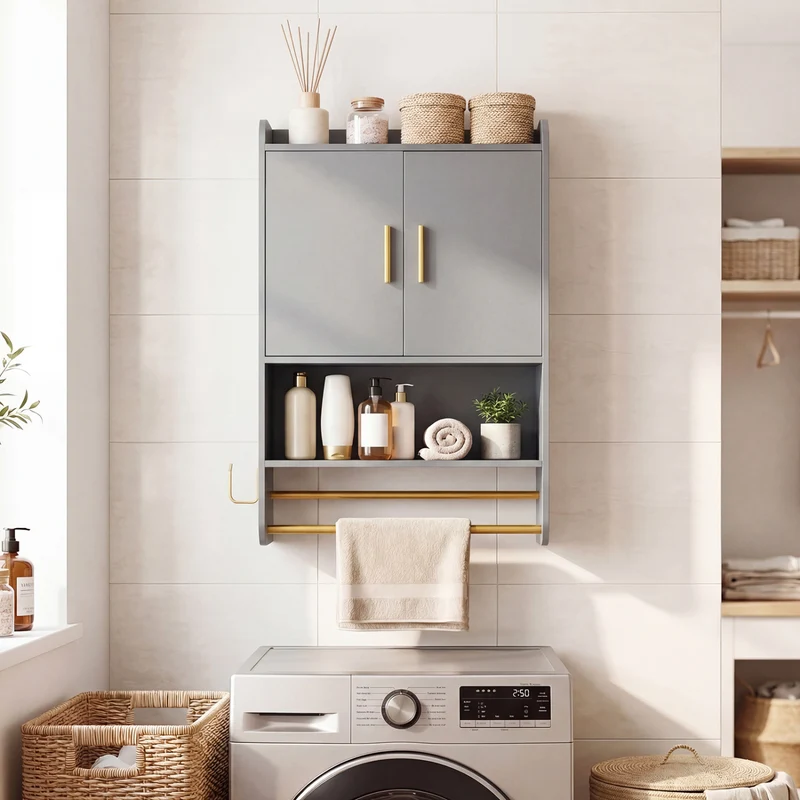 Wall Mounted Medicine Cabinet with Towel Bars, Grey